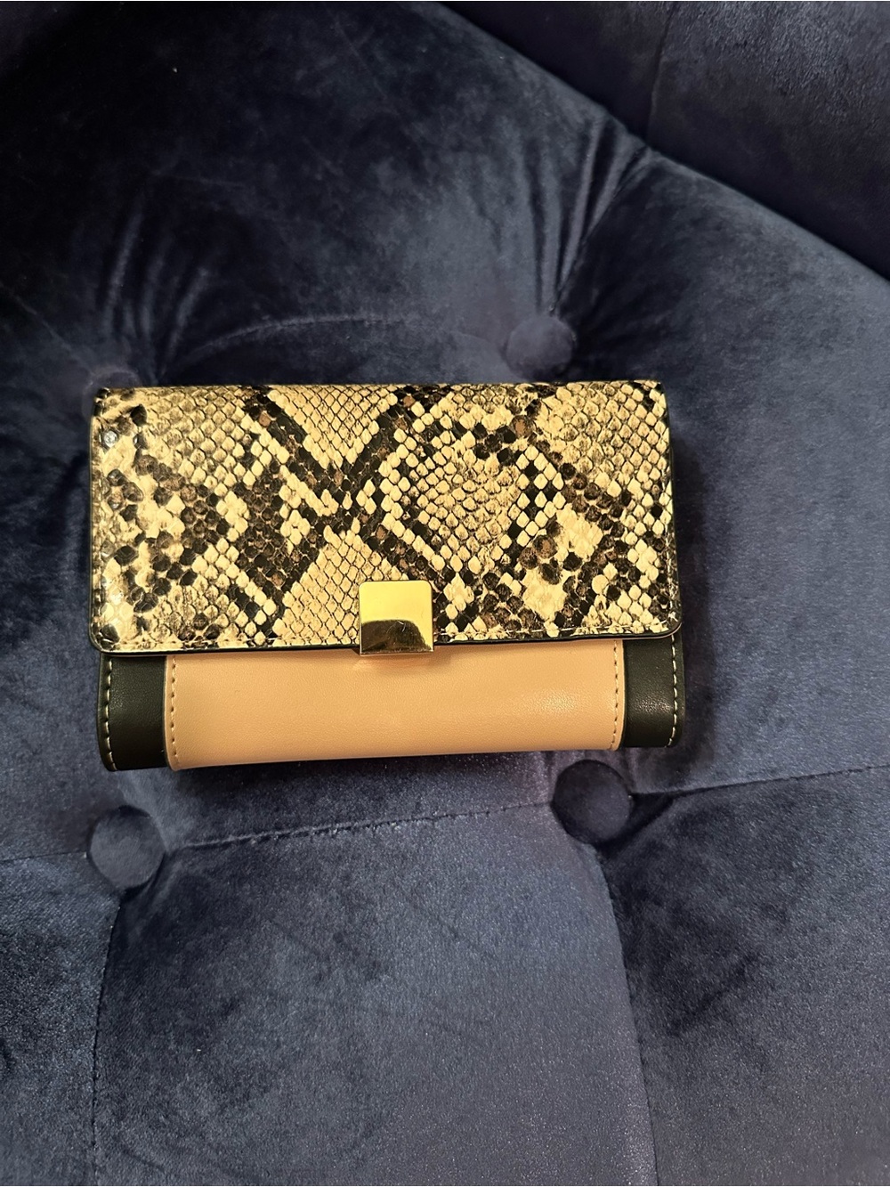 Snake-Print Flap Wallet in Black and Tan